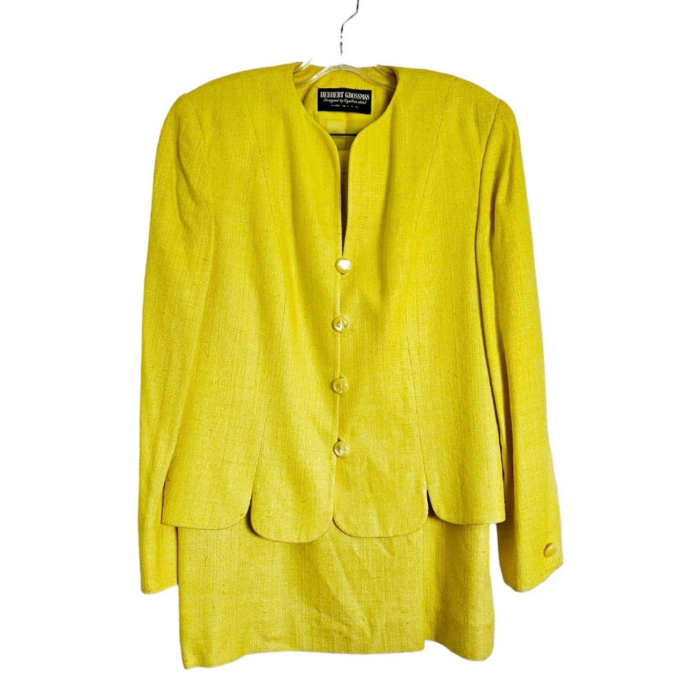 Herbert Grossman Cynthia Sobel Yellow Silk Skirt Suit Vintage Lined Size 12